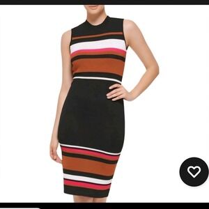 Vince Camuto Sleeveless Knit‎ Bodycon Dress Striped Mock Neck Career